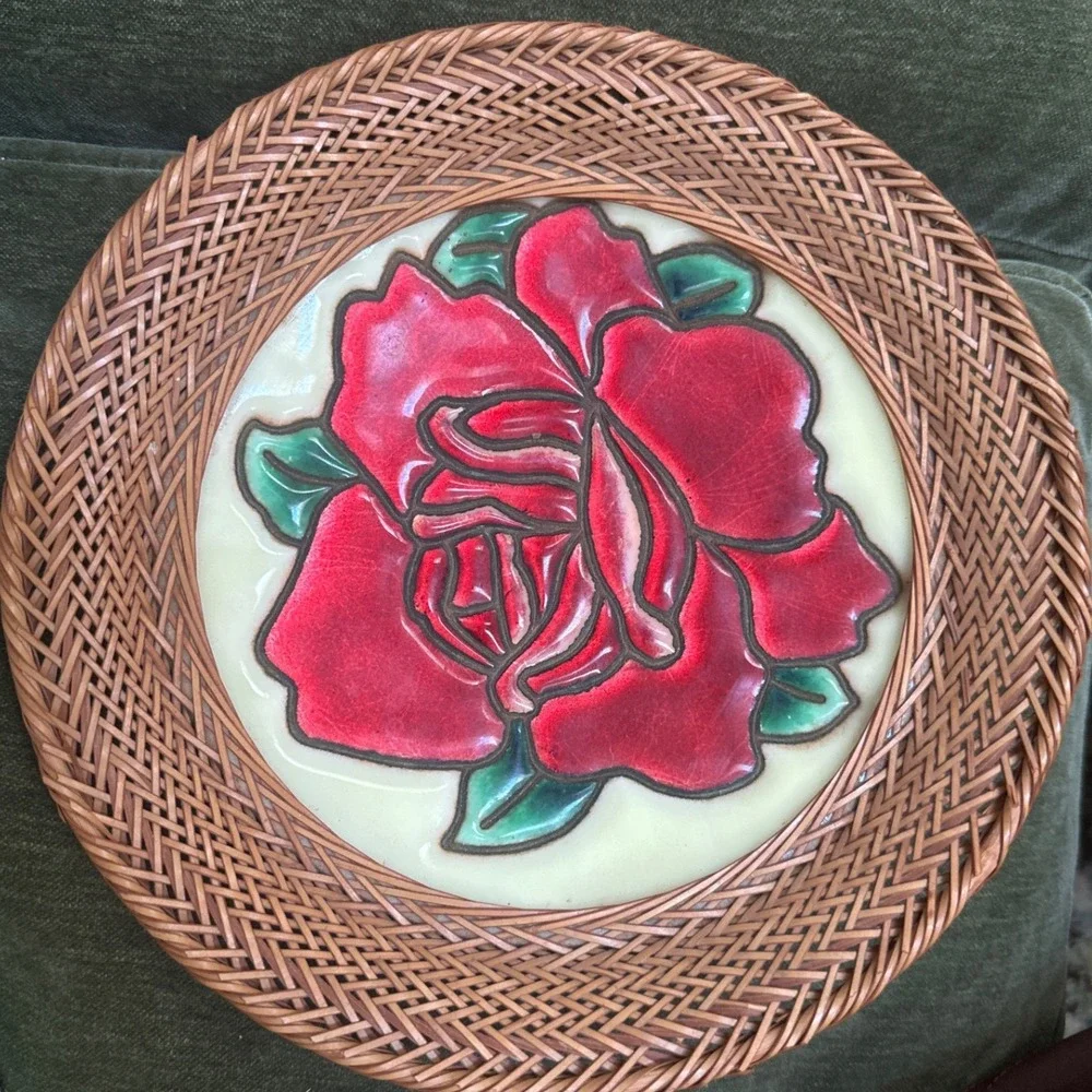 Vintage Japanese Cloisonne Enamel Moriage Plate Woven Bamboo Border red rose